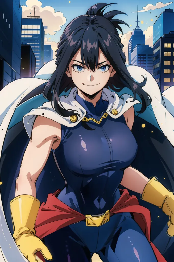 The image is of a young woman with long black hair and blue eyes. She is wearing a blue and white superhero costume with a red belt and yellow gloves. She has a confident smile on her face and is standing in a powerful pose. The background is a cityscape with tall buildings and a blue sky.