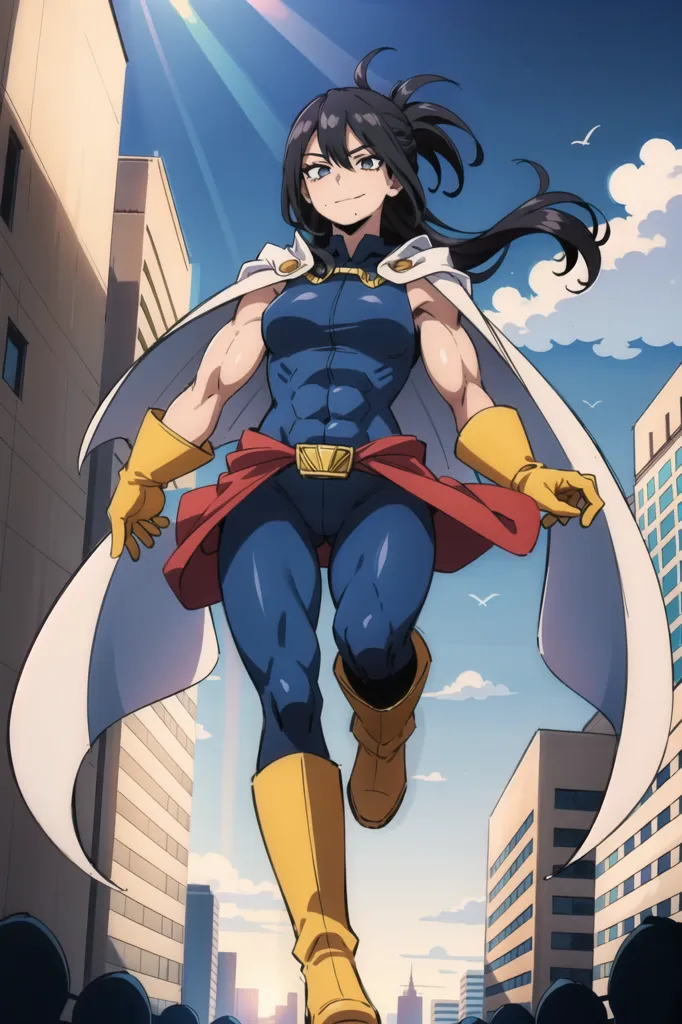 The image shows a young woman with long black hair in a blue and yellow superhero costume with a white cape. She is standing in a city, with buildings in the background. She is looking to the right with a confident expression on her face.