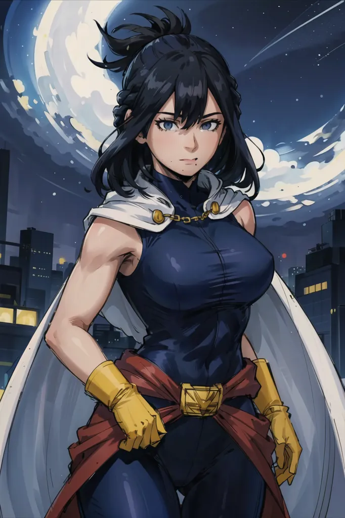 The image is of a young woman with a serious expression on her face. She is wearing a blue and white bodysuit with a red belt and yellow gloves. She has long black hair that is tied back in a ponytail. She is standing in front of a city skyline at night. The moon is in the background.