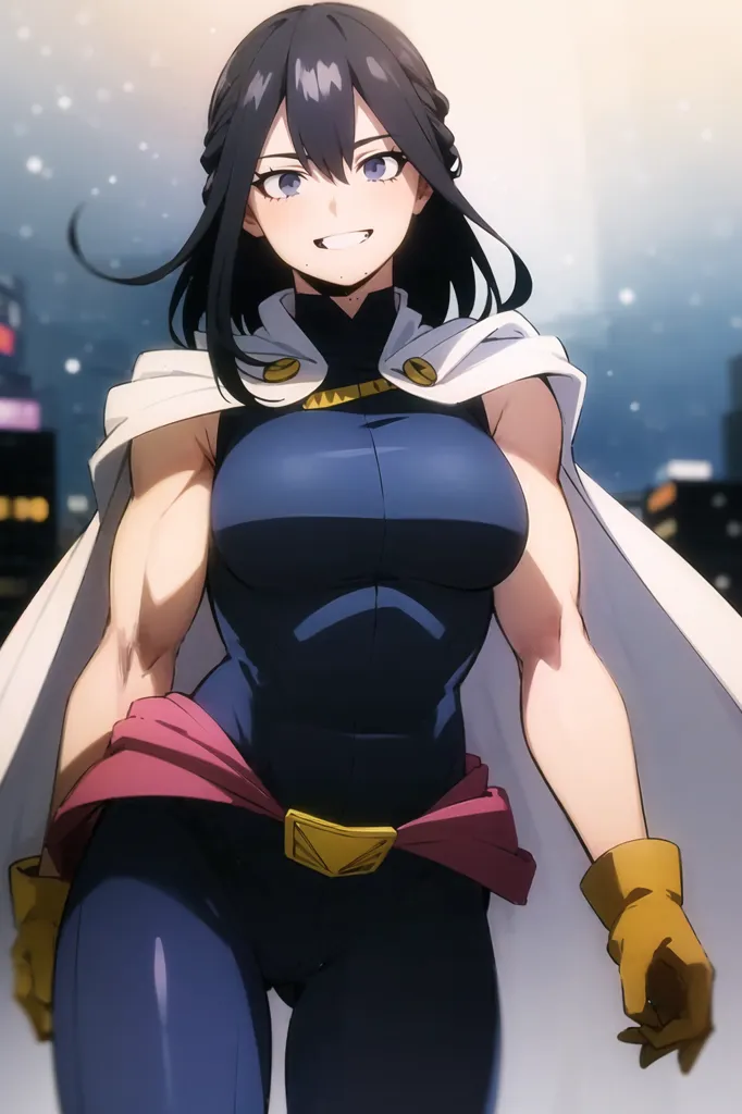 The image shows a young woman with a muscular build and long black hair. She is wearing a blue and white superhero costume with a red belt and yellow gloves. She has a confident smile on her face and is walking towards the viewer in a city.