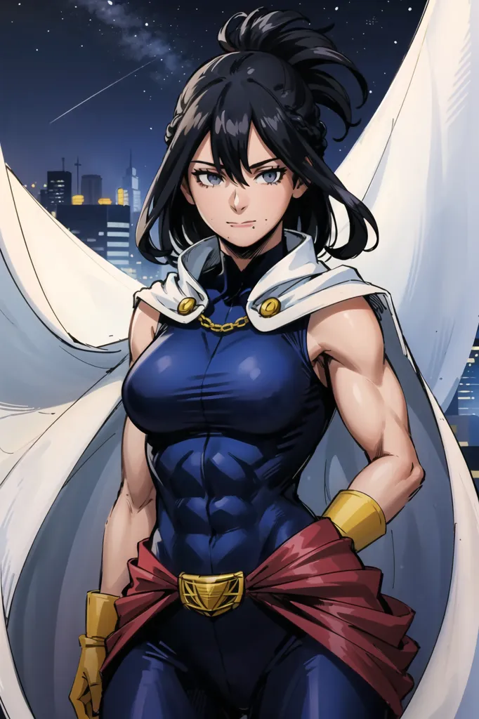 The image is of a young woman with long black hair and dark blue eyes. She is wearing a blue and white superhero costume with a red belt and gold accents. She has a confident expression on her face and is standing in a powerful pose, ready to take on any challenge. The background is a night sky with a city in the distance.