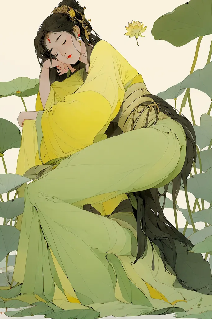 The image is a depiction of a Chinese woman in traditional Hanfu clothing. She is sitting on a lotus leaf, with her right hand resting on her cheek and her left hand hanging by her side. She is wearing a yellow top with green pants and a long green skirt. Her hair is long and black, and she is wearing a red hairpin. The background is a light green color, with lotus leaves and flowers in the foreground. The woman's eyes are closed, and she has a serene expression on her face.