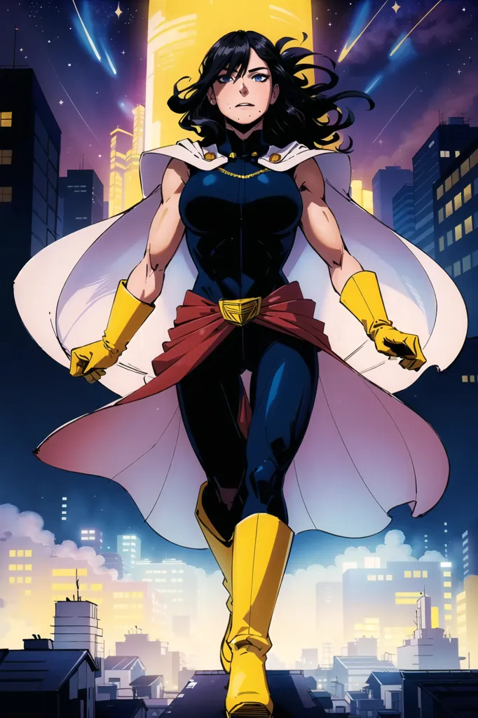 The image shows a young woman standing on a rooftop in a city. She is wearing a blue and yellow superhero costume with a white cape. She has long black hair and blue eyes. She is looking down at the city with a determined expression on her face. The city is in the background and is made up of tall buildings and skyscrapers. The sky is dark and there are stars and clouds in the background.