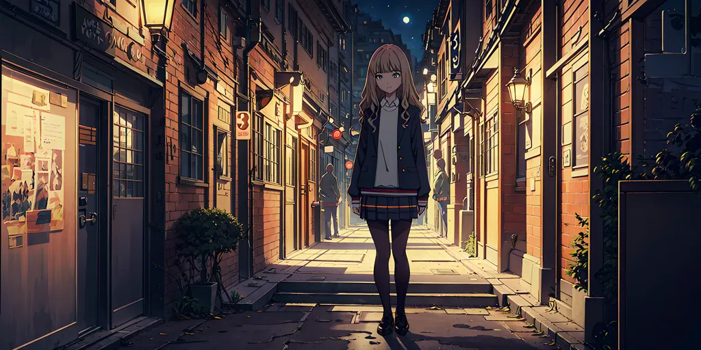 A imagem é uma ilustração em estilo anime de uma jovem mulher caminhando por uma rua à noite. A rua é ladeada por edifícios tradicionais japoneses e há algumas pessoas andando por aí. A mulher está usando um uniforme escolar e tem cabelos loiros longos e olhos azuis. Ela está carregando uma bolsa e parece estar com pressa. A imagem é muito detalhada e o artista usou muitas cores diferentes para criar uma sensação de profundidade e realismo.