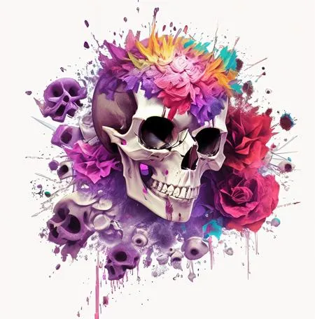 This is a digital painting of a skull with a floral headdress. The skull is facing the viewer and is surrounded by a variety of flowers, including roses, lilies, and chrysanthemums. The flowers are all different colors, and they create a vibrant and eye-catching image. The background is a light gray, and it helps to make the skull and flowers stand out. The painting is done in a realistic style, and the details are very impressive. The artist has used a variety of techniques to create a sense of depth and texture. The overall effect is one of beauty and mystery.