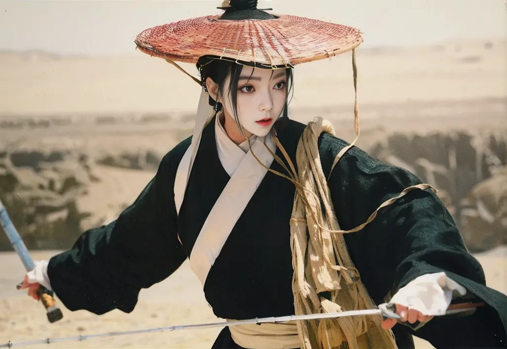 This image shows a young woman dressed in a black martial arts outfit. She is wearing a large straw hat and is holding two swords. She is standing in a desert landscape, and there are mountains in the background. The woman has long black hair and is looking at the camera with a determined expression.