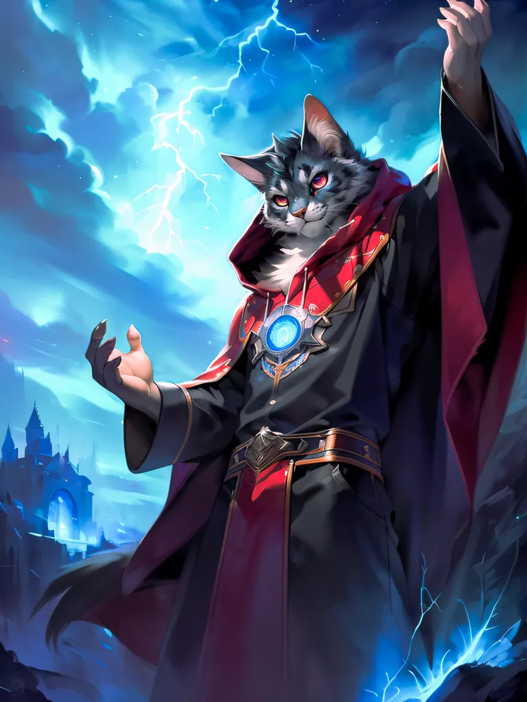 This image shows a cat standing on a cliff. The cat is wearing a red and black robe and has a blue crystal around its neck. It is holding its paws out in front of it and there is a lightning storm in the background. There is a castle in the distance.