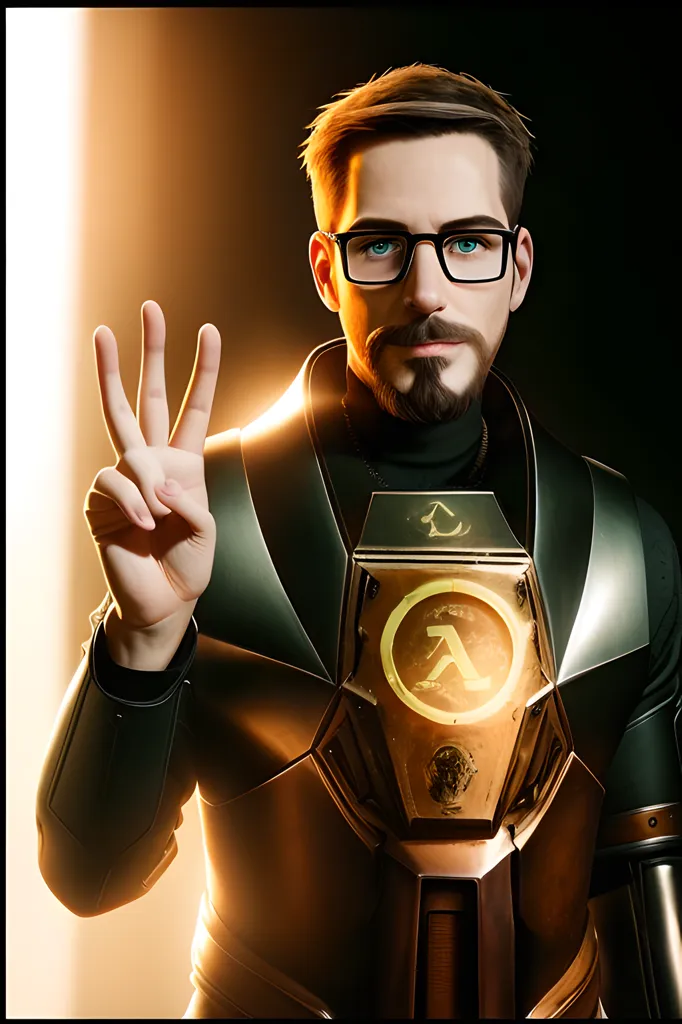 The image shows a man in a black turtleneck sweater and glasses. He is wearing a black and gold armored suit with a Lambda symbol on the chest plate. He is holding up three fingers in the peace sign. He has short brown hair and a beard. He is standing in front of a dark background with a spotlight on him.