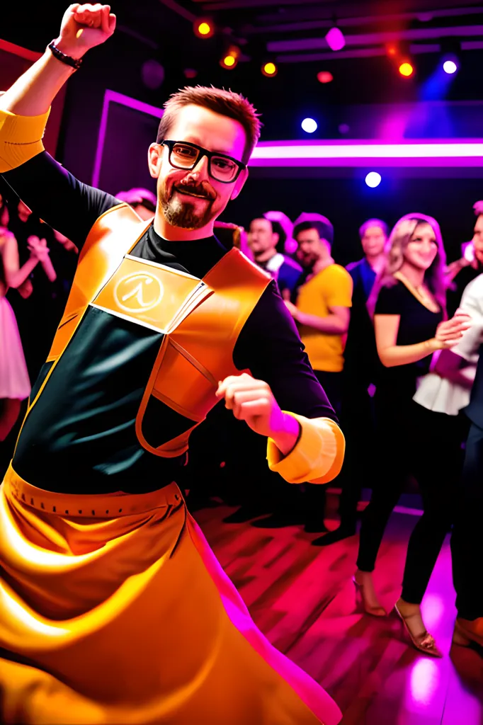 A imagem mostra um homem com óculos, barba e rabo de cavalo dançando em uma festa. Ele está usando uma camiseta preta, um avental laranja e um colete marrom com um símbolo laranja de Lambda. Ele também está usando óculos. O homem está cercado por outras pessoas que também estão dançando. A pista de dança é iluminada por luzes roxas e rosas.