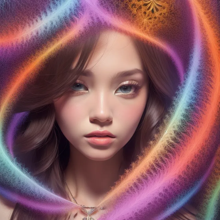 The image is a portrait of a young woman with long brown hair and blue eyes. She is wearing a white dress and has a colorful scarf wrapped around her neck. The background is a swirling mass of bright colors. The woman's expression is one of calm and serenity.