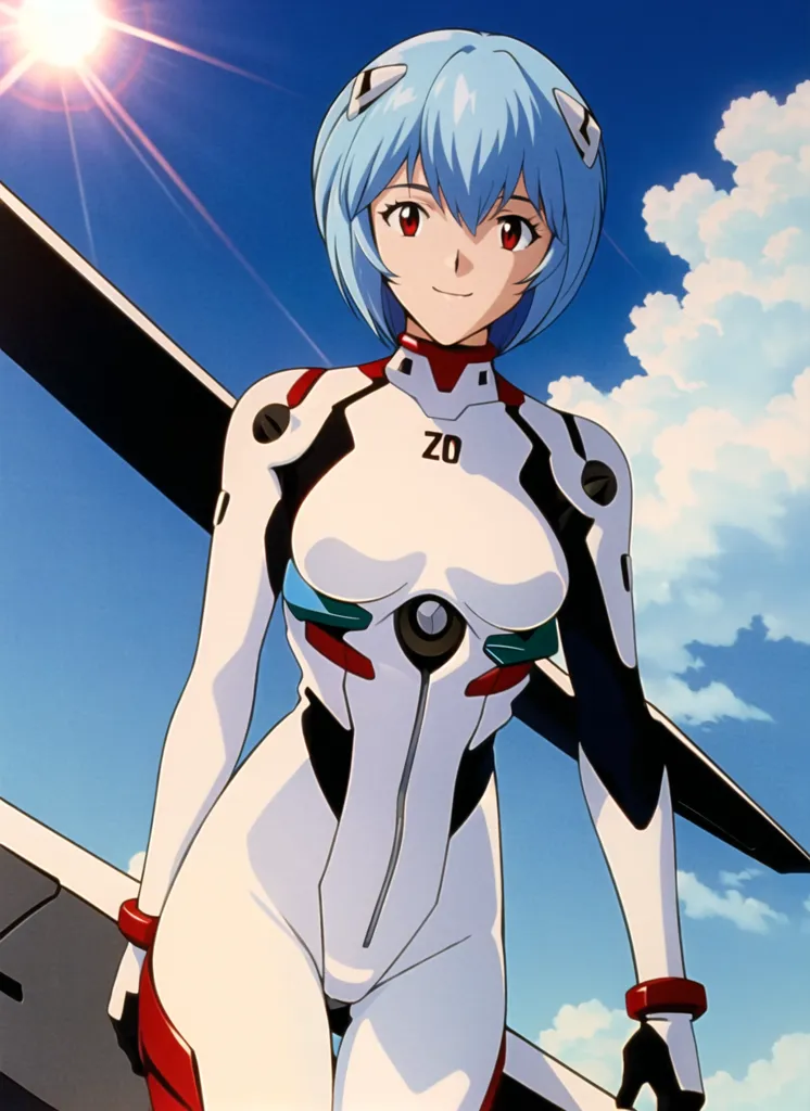 The image shows a young woman standing in front of a blue sky. She is wearing a white and blue bodysuit with the number 20 on her chest. She has short blue hair and red eyes. She is smiling.