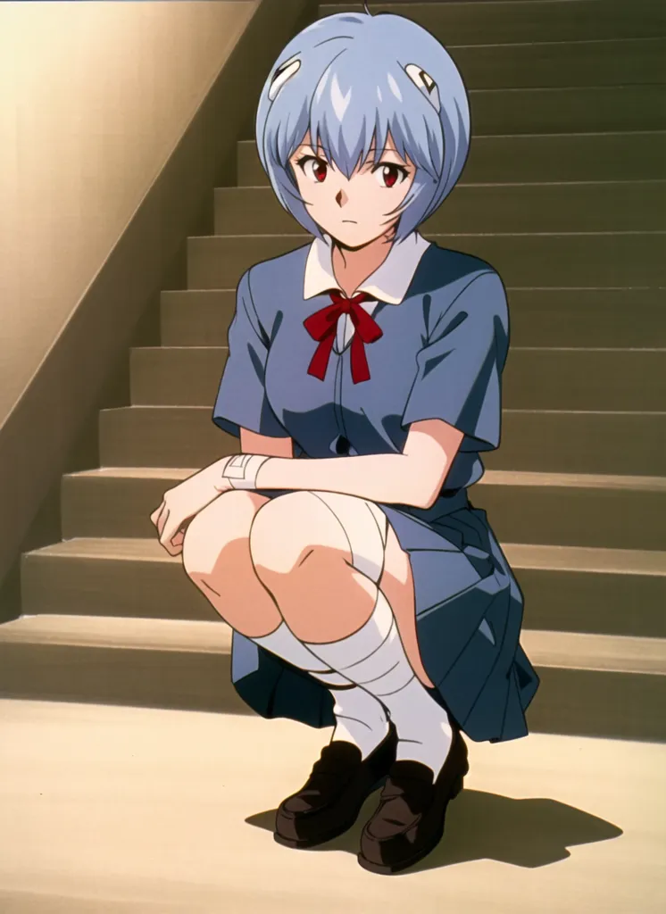 The image shows a young girl with blue hair and red eyes. She is wearing a white shirt and a blue skirt. She is sitting on the steps with her knees drawn up to her chest and her arms wrapped around her legs. Her expression is one of sadness and despair.