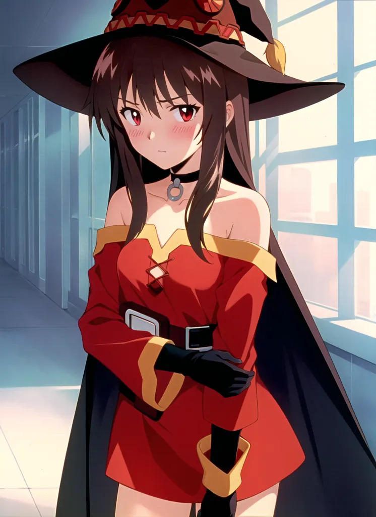 The image is of a young woman with long, dark brown hair and red eyes. She is wearing a red and white dress with a long black cape. She is also wearing a black choker and a red hat with a wide brim. She is standing in a hallway with her arms crossed and looks slightly embarrassed.