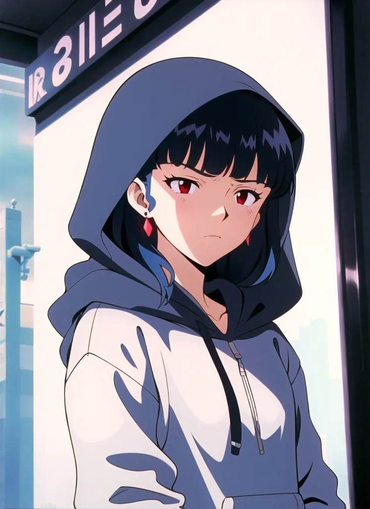 This is an image of a young woman with an annoyed expression on her face. She is wearing a gray hoodie with a white zipper. The hood is up, and her black hair is falling out from underneath it. Her eyes are red, and she has a beauty mark on the right side of her face. She is standing in front of a door with a sign that says \