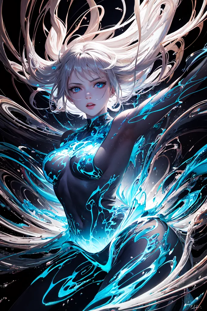 The picture shows a girl with long white hair and blue eyes. She is wearing a black swimsuit with a blue pattern. The girl is surrounded by blue and black liquid. She looks like she is made of liquid. The background is black.