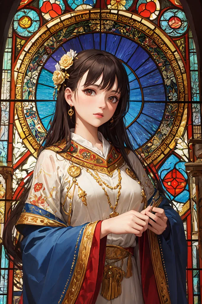 The image is a painting of a young woman with long brown hair and brown eyes. She is wearing a white dress with a blue sash and a gold necklace. The background is a stained glass window with a floral pattern. The woman is standing in front of the window, and her hands are clasped in front of her.