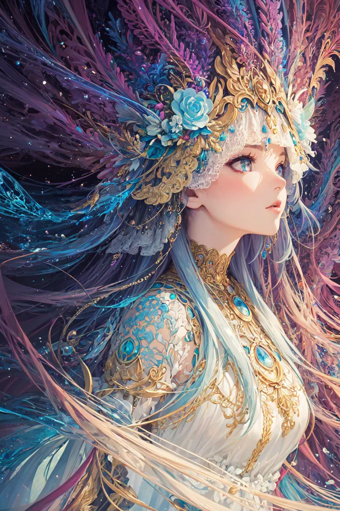 This is an image of a beautiful anime girl with long blue hair and blue eyes. She is wearing a white and gold dress with a lot of intricate details. She is also wearing a gold crown with blue and purple flowers in it. The background is dark with a lot of purple and blue colors. There are also some white and gold stars in the background. The girl is looking to the right of the frame.