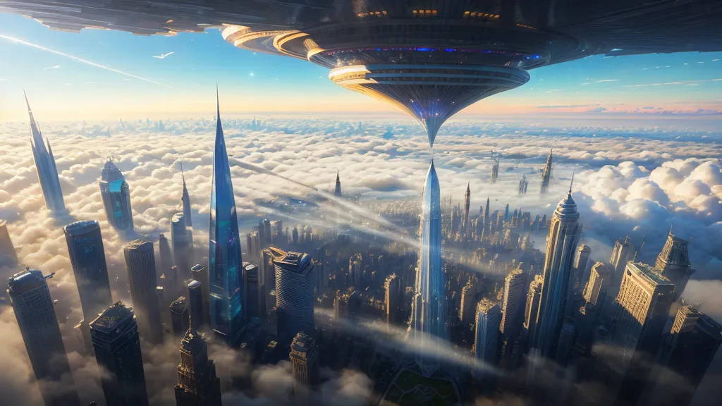 The image shows a futuristic city with a lot of tall buildings. The buildings are mostly made of glass and metal, with some having green vegetation on them. The city is built on a series of islands, which are connected by bridges. There are also a number of flying cars and other vehicles in the air. The sky is blue and there are some clouds in the distance. There is a large spaceship above the city.