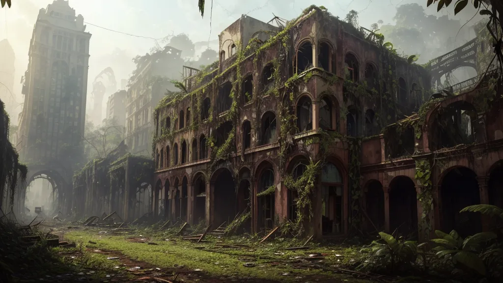 The image shows a ruined city. The buildings are overgrown with plants, and the streets are littered with debris. There is a thick fog in the air, and the sky is dark and gloomy. The city has clearly been abandoned for a long time, and it is now being reclaimed by nature.