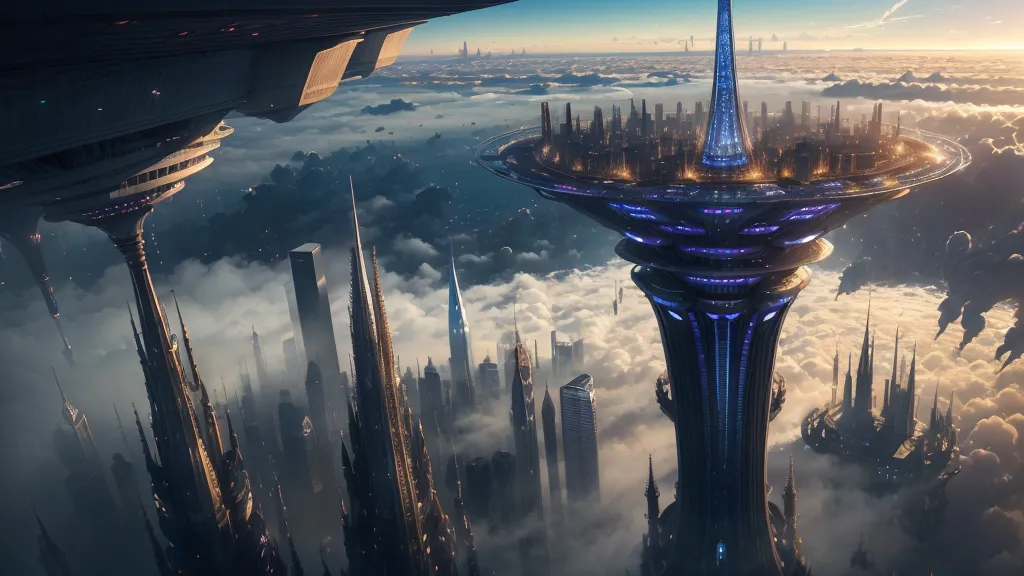 The image is a depiction of a futuristic city. The city is built on a series of floating islands, with tall buildings and skyscrapers reaching up into the sky. The buildings are made of glass and metal, and they are all gleaming in the sunlight. The city is surrounded by clouds, and there are mountains in the background. There are also airships flying around the city. The image is very detailed, and it gives the viewer a sense of what the future might look like.