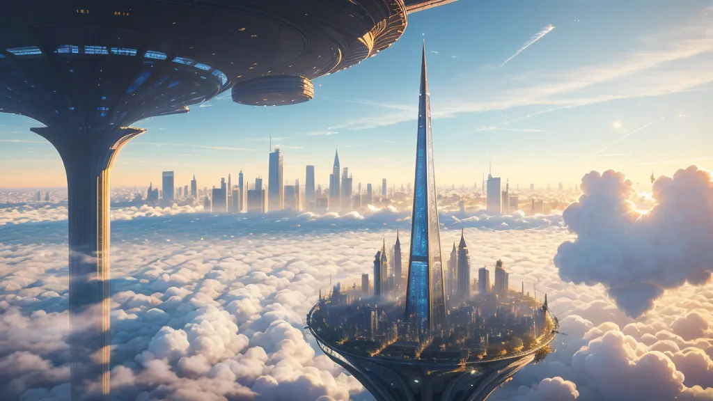 A imagem mostra uma cidade futurista construída em uma série de ilhas flutuantes. As ilhas são conectadas por pontes e passarelas, e há edifícios altos e arranha-céus por toda parte. A cidade é cercada por nuvens e há uma grande nave espacial pairando acima dela. A nave espacial tem a forma de uma enorme arraia-manta.