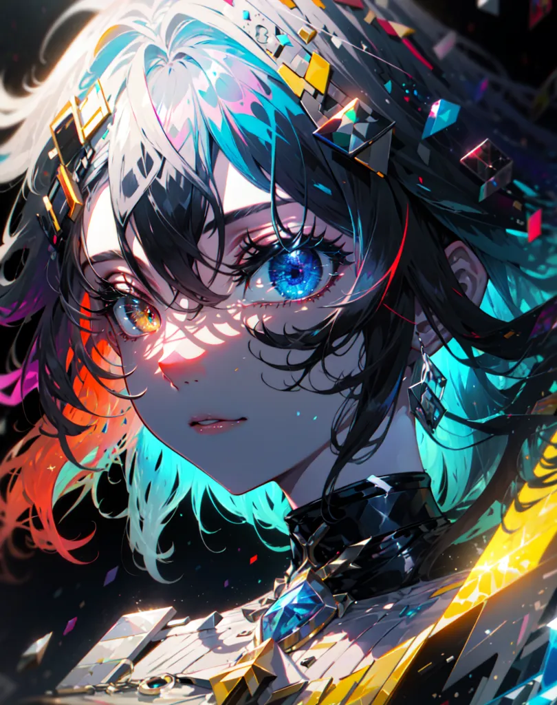 The image is a portrait of a young woman with long, flowing hair. Her eyes are a deep blue color, and her skin is fair. She is wearing a dark-colored dress with intricate details. The background is dark, with a few bright spots of light. The overall mood of the image is mysterious and ethereal.