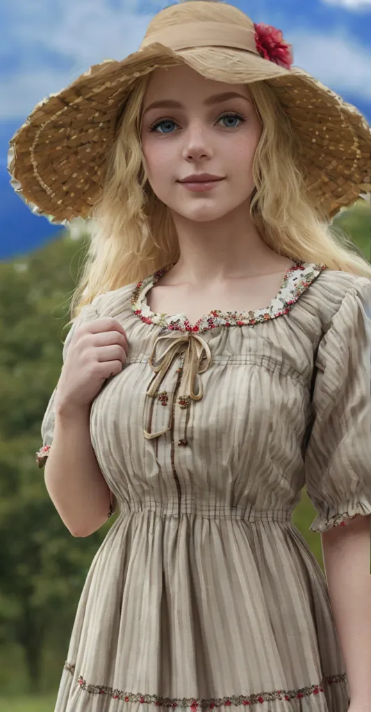 The image shows a young woman wearing a large, tan-colored straw hat with a red flower on the brim. She has long, wavy blonde hair and blue eyes. She is wearing a light-colored dress with a white collar. The dress has a high neckline and is cinched at the waist with a thin belt. The sleeves are long and slightly puffed at the shoulders. She is standing in a field of tall grass and wildflowers. There are trees and mountains in the background.