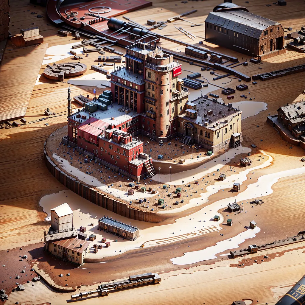 The image shows a diorama of a post-apocalyptic city. The city is built on a wooden table. The buildings are made of cardboard and other materials. The streets are made of sand and dirt. There are no people in the city. The city is in ruins. There are bullet holes in the buildings. The cars are abandoned. The trees are dead. The sky is dark and cloudy. The image is very detailed and realistic.