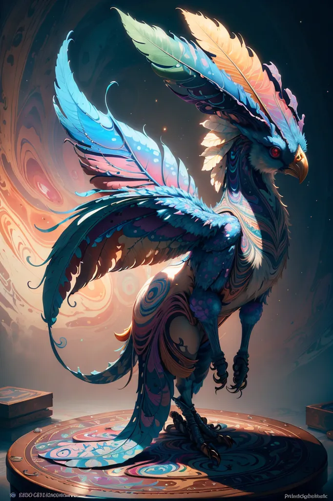 The image is a painting of a mythical creature. It has the body of a gryphon with the head of a phoenix. The creature is standing on a pedestal, and it is surrounded by a blue and purple background. The creature is covered in feathers, and its wings are outstretched. The painting is very detailed, and the creature is depicted in a realistic way.