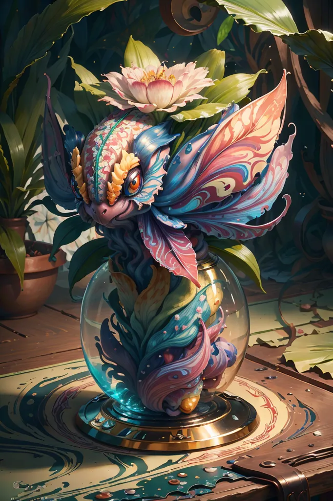 The image contains a colorful and detailed creature resembling a dragon. It has intricate patterns and flower-like wings. The creature is sitting inside a glass dome on a wooden table. The dome is filled with water, and the creature is surrounded by lush green plants and flowers. The background is blurry, with a wooden wall and a few books on a shelf.