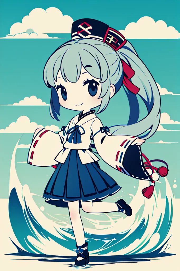 La imagen es de una chica chibi con el cabello azul largo y ojos azules. Ella está usando un hanbok tradicional coreano con una blusa blanca y una falda azul. También está usando un sombrero tradicional coreano llamado gat. La chica está parada sobre una ola y hay nubes en el fondo. La imagen está dibujada en un estilo de dibujos animados y los colores son brillantes y vibrantes.