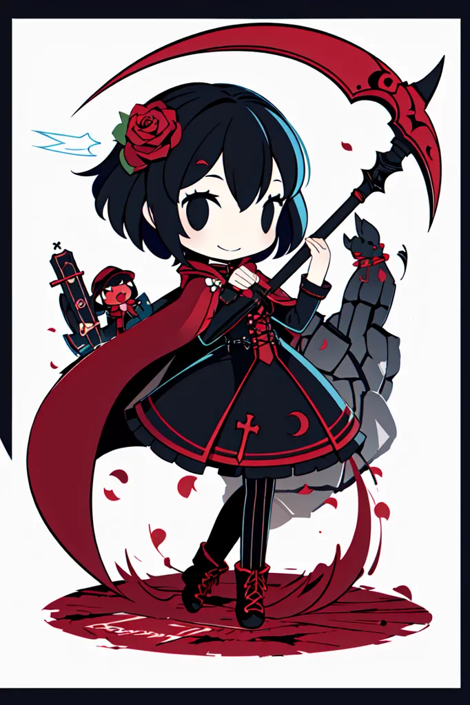 This image is of a chibi version of Ruby Rose from the anime series RWBY. She is wearing her signature outfit, which consists of a red cape, a black dress, and black boots. She is also carrying her weapon, a scythe. She has a rose in her hair and there are rose petals around her. There is a small black creature with red eyes perched on her shoulder.