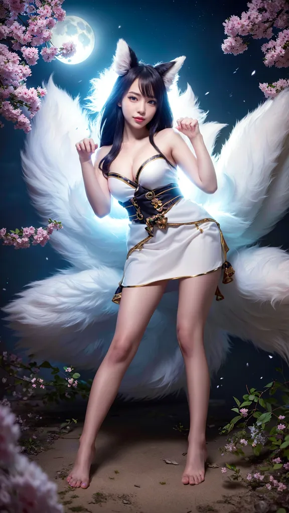 The image is of a young woman with long black hair and fox ears. She is wearing a white and gold dress with a fluffy white tail. She is standing in a forest with a full moon in the background. The woman is barefoot and has a playful expression on her face.