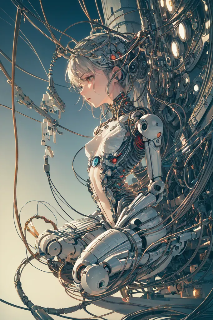 L'image est une représentation d'un cyborg féminin. Elle est assise sur une plateforme reliée à un grand nombre de fils et de câbles. Les fils et les câbles sont connectés à diverses parties de son corps, notamment sa tête, sa poitrine et ses bras. Les yeux du cyborg sont fermés et elle a une expression sereine sur le visage. L'arrière-plan de l'image est un ciel bleu avec quelques nuages.