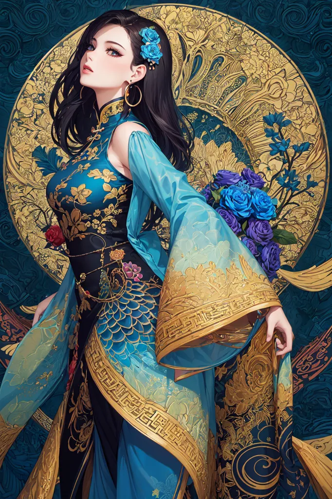 The image shows a young woman wearing a blue and gold cheongsam. The cheongsam is sleeveless and has a high collar. The woman has long black hair and blue eyes. She is wearing a blue flower in her hair and gold earrings. She is also wearing a gold bracelet on her right wrist. The woman is standing in front of a dark blue background with a golden pattern.