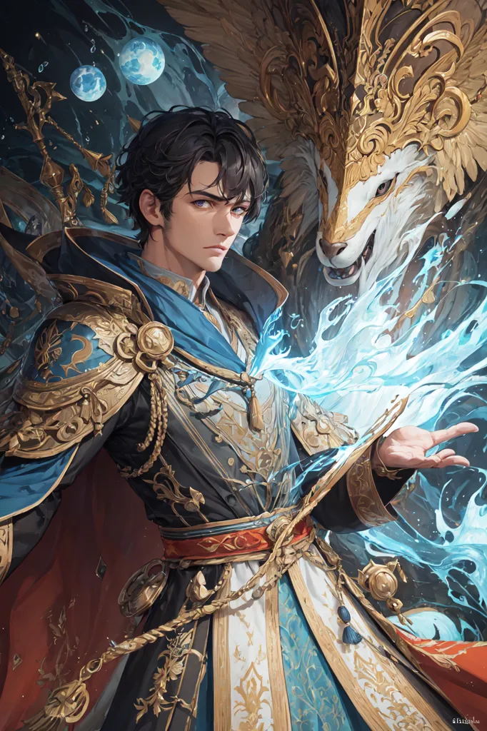 The image is of a young man with short black hair and blue eyes. He is wearing a blue and gold outfit with a white cape. He has a sword on his hip and is holding a staff in his right hand. He is standing in front of a white wolf with blue eyes. The wolf has a gold collar on and is looking at the man. There is a blue and white background with a lot of detail.