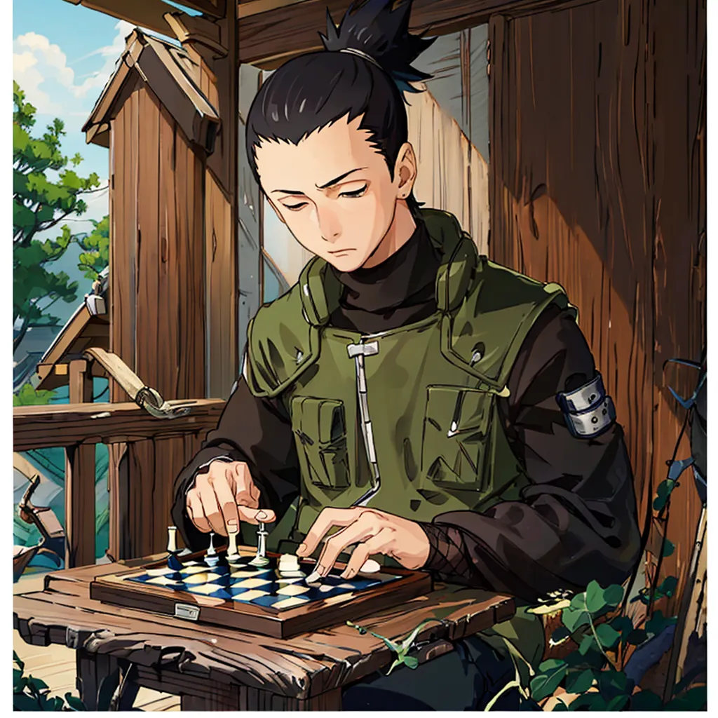 The image portrays an anime character, Shikamaru Nara, sitting on a wooden porch, lost in contemplation as he plays chess by himself. The chessboard is placed on a small wooden table. He is wearing a black turtleneck and a green flak jacket. His hair is tied in a ponytail. The background of the image is a blurred view of a forest.