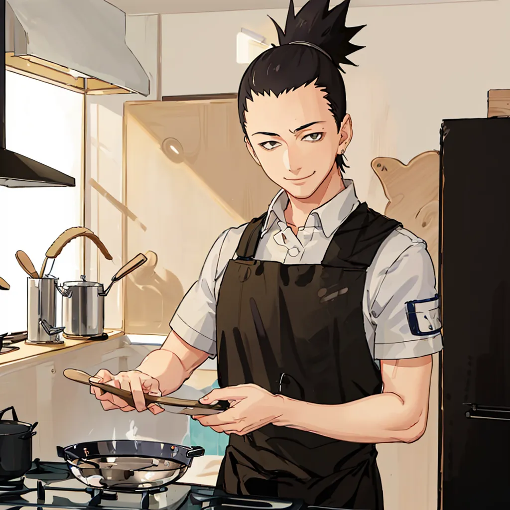 The image shows an anime character with spiky brown hair and grey eyes. He is wearing a white shirt, black apron, and dark grey pants. He has a tattoo on his left arm. He is cooking in a kitchen. He is holding a wooden spatula and there is a pan on the stove. He has a confident smile on his face.