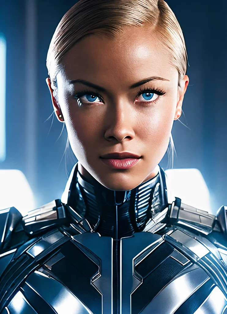 The image is a portrait of a beautiful woman with blonde hair and blue eyes. She is wearing a futuristic silver and black armor. The woman's expression is serious and determined. She is looking at the viewer with her head tilted slightly to the right. The background is a blur of blue light.