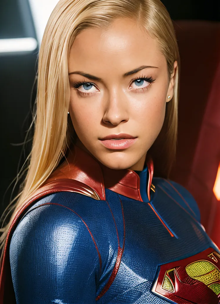 The image shows a young woman with long blonde hair and blue eyes. She is wearing a blue and red superhero costume with a red cape. The symbol of the House of El is emblazoned on her chest. She is looking at the viewer with a serious expression.