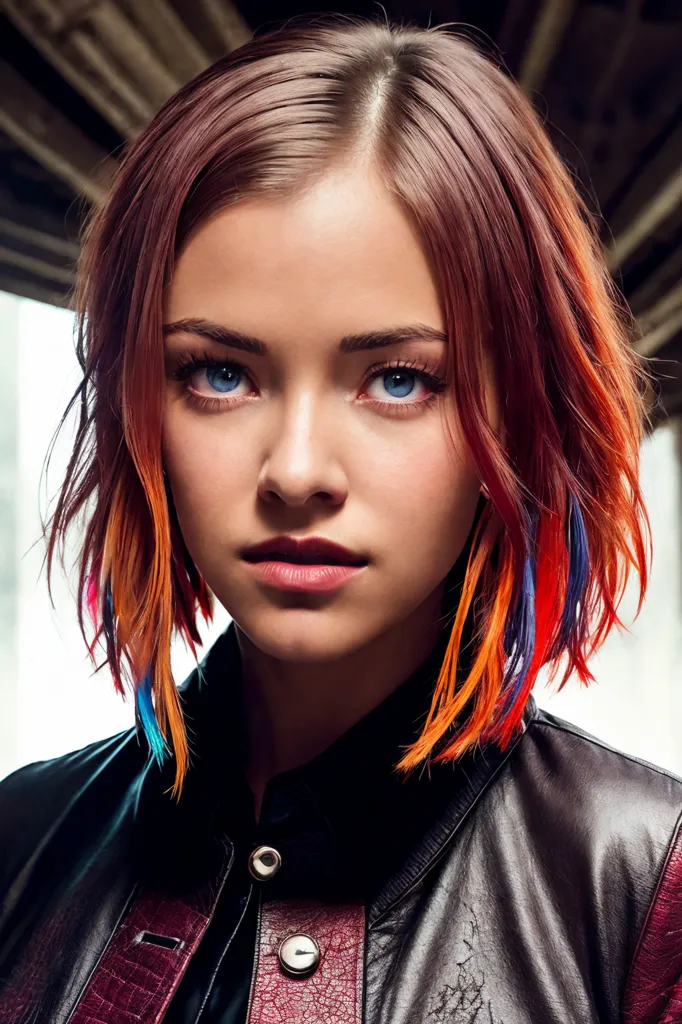 A imagem mostra uma mulher jovem com cabelos curtos e ruivos. O cabelo é um pouco ondulado e partido ao meio. A mulher tem pele clara e olhos azuis. Ela está usando uma jaqueta de couro preta com um colarinho vermelho. A jaqueta está desabotoada e a gola da camisa da mulher é visível por baixo. A mulher tem uma expressão séria no rosto. Ela está olhando para a câmera com a cabeça ligeiramente inclinada para a direita.