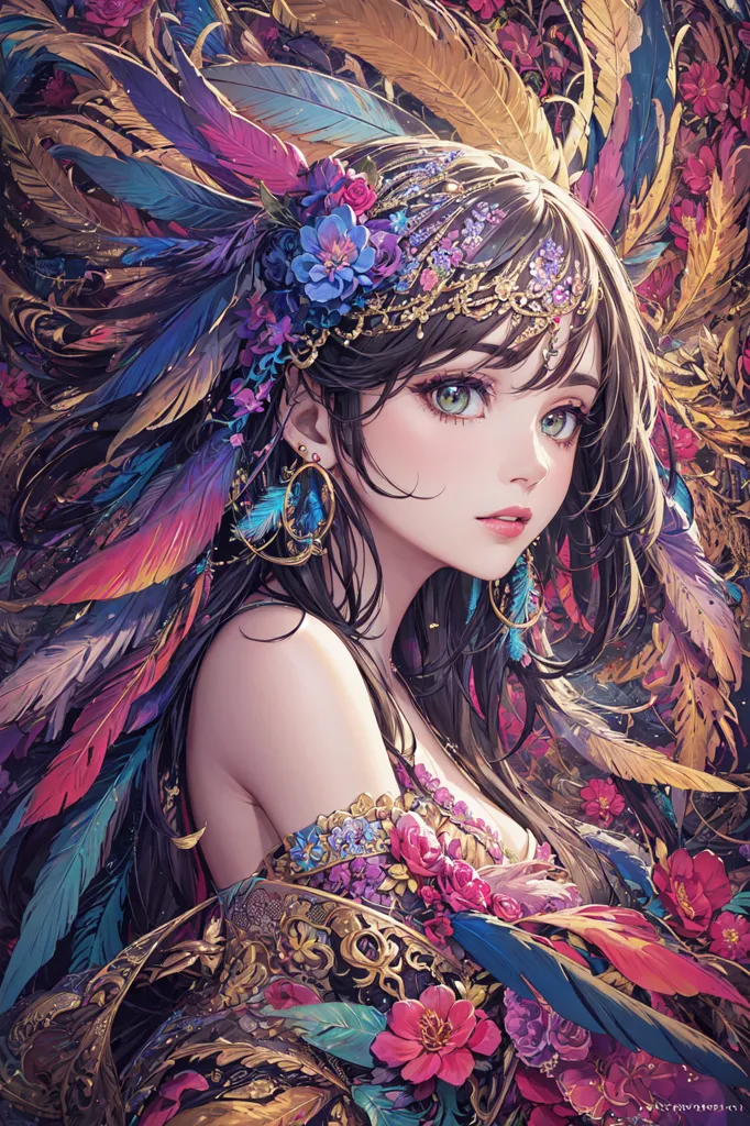 This image shows a beautiful anime girl with long brown hair and green eyes. She is wearing a colorful feathered headdress and a golden necklace with a blue gem in the center. There are also some small flowers in her hair. She is wearing a purple and gold colored outfit with some gold bracelets on her right arm. She has a serious look on her face and is looking at the viewer. The background is filled with colorful feathers and flowers.