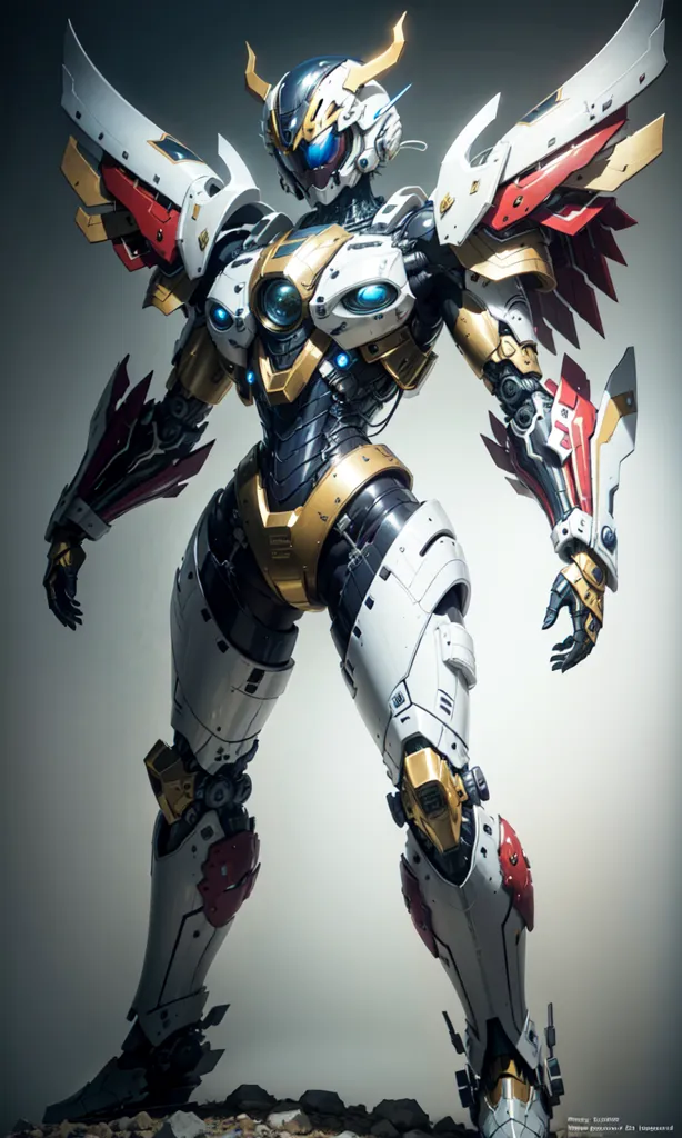 The image is a 3D rendering of a female robot. The robot is standing in a contrapposto pose, with its left leg forward and its right leg back. Its arms are hanging at its sides. The robot is wearing a white and gold bodysuit with red and blue accents. The bodysuit has a number of mechanical details, such as pistons and gears. The robot also has a pair of wings, which are folded up behind its back. The robot's head is covered by a helmet with a visor. The visor is glowing blue. The robot is standing on a rocky surface. There is a large rock outcropping behind the robot. The background is a gradient of gray and white.