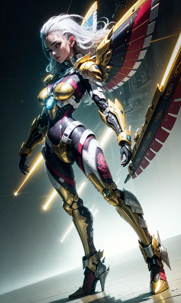 This is an image of a female warrior. She is wearing a golden and black armor. She has white hair and blue eyes. She is standing in a fighting stance, with her left hand raised and her right hand holding a large sword. She has a pair of wings made of metal on her back. The background is a dark, futuristic cityscape.