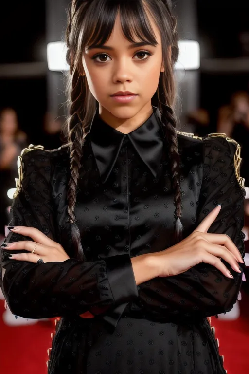 The picture shows a young woman of mixed race with long dark hair, bangs, and brown eyes. She is wearing a black dress with a white collar and has her arms crossed in front of her. Her nails are painted a dark color. She is standing in front of a red background with a spotlight shining on her.