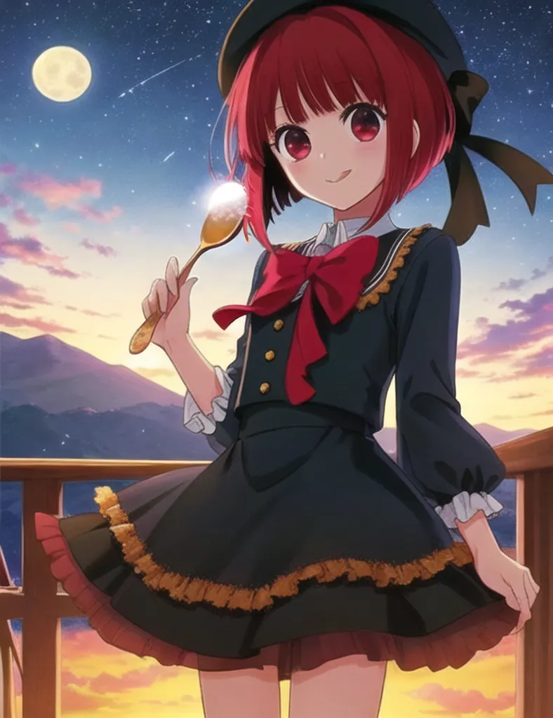 The image is of a young girl with bright red hair and red eyes. She is wearing a black dress with a red bow and a black hat. She is holding a silver spoon with a white substance on it. She is standing on a balcony with a view of the night sky. The moon is full and there are stars in the sky. There are mountains in the distance. The girl is smiling and her eyes are closed.