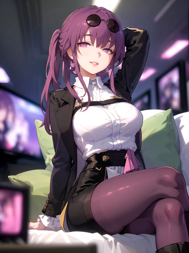 The image is of an anime girl with purple hair and purple eyes. She is wearing a white button-down shirt, a black jacket, and purple thigh-high stockings. She is sitting on a bed with a smug expression on her face and has her hand on her hip. There are several computer monitors and pictures on the wall behind her.