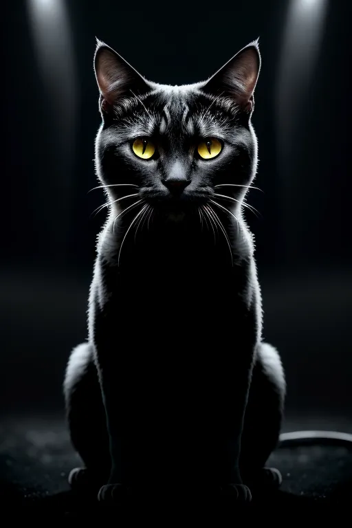 A black cat is sitting in a dark place. The cat's eyes are yellow and they are looking at the camera. There are two spotlights shining on the cat from above. The cat is not moving and it looks like it is waiting for something.