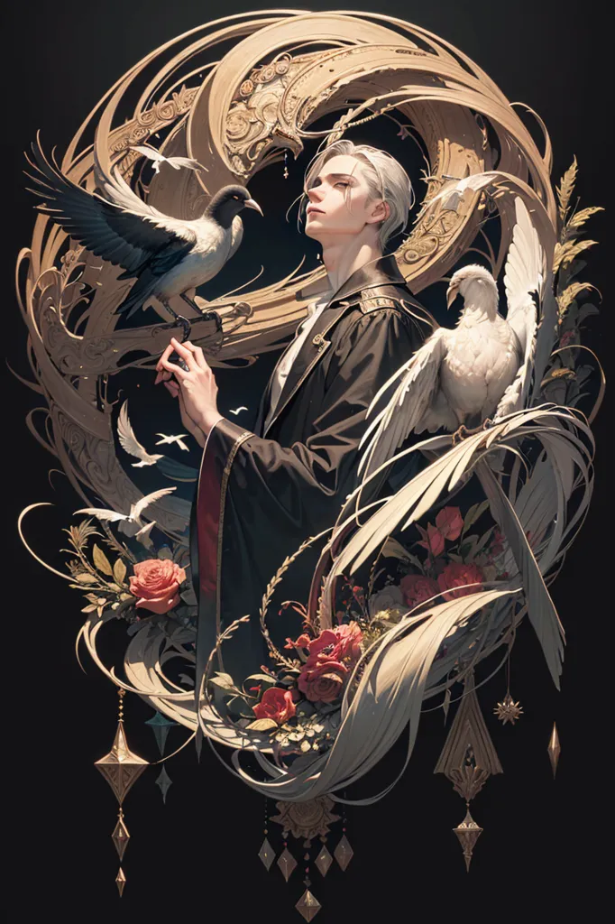 The image is of a young man with white hair and pale skin. He is wearing a black suit with a white cravat. He has a blackbird and a white dove perched on his hands, which are held in front of him. The man is standing in front of a dark background with a golden frame around him. The frame is decorated with intricate designs and carvings. There are also several roses and other flowers growing around the frame.