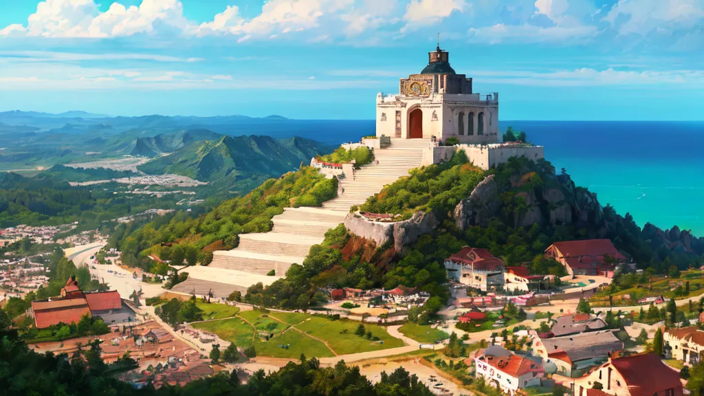 The image shows a large white temple-like structure on top of a hill. The temple has a large dome and is surrounded by trees and other greenery. There is a town at the bottom of the hill with many houses and buildings. The town is located on the coast and there is a large body of water in the background. The sky is blue and there are some clouds in the sky.